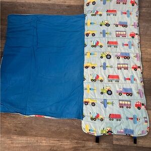 Cotton kids nap mat with pillow- trucks trains and planes. 50" L x 20" W